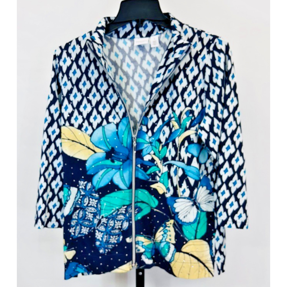 Chico's Weekends Floral Print Spring Jacket Size S (1) Zip Close Long Sleeve
